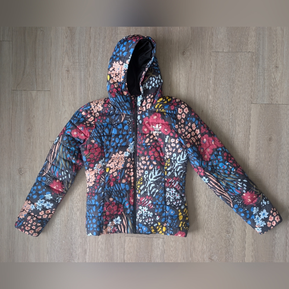 Adidas Originals Slim Fit Floral Puffer Coat Black Zip Up